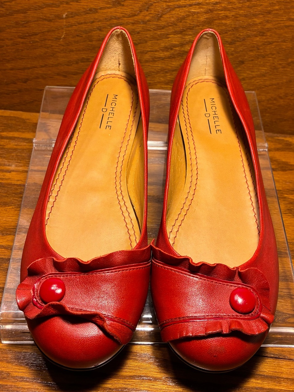 Y2K VTG Michelle D Ruffle Button Ballet Flats Red Leather Brazil Made Size 7.5